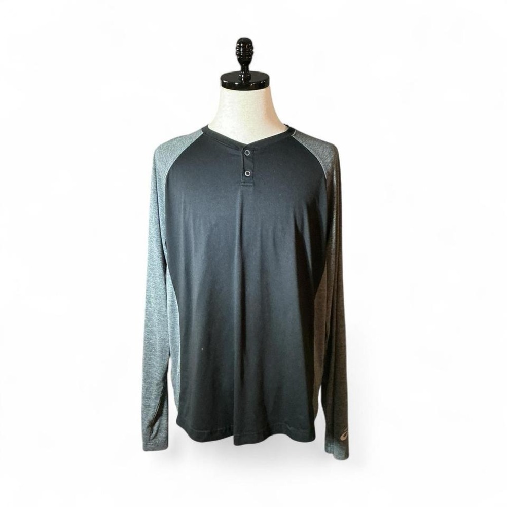 ASICS Mens Long Sleeve Henley Shirt Black‎ Gray Baseball Raglan Performance